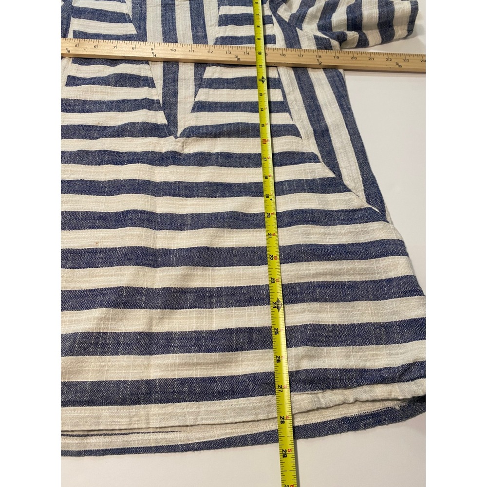 Summer classic Blue White Striped Linen Cotton Cold Shoulder Pocket Top Womens L - Picture 4 of 5